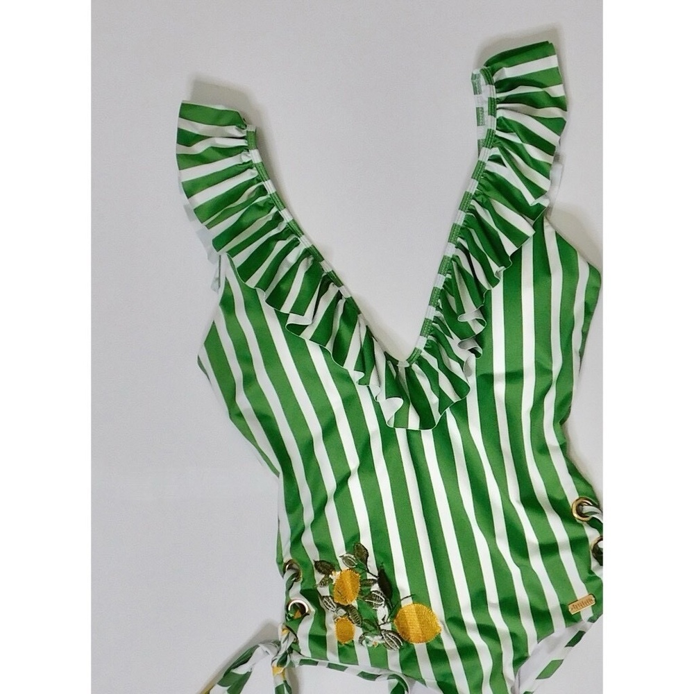 Anthropologie Green and White Striped Ruffle One-Piece Swim - Picture 3 of 13